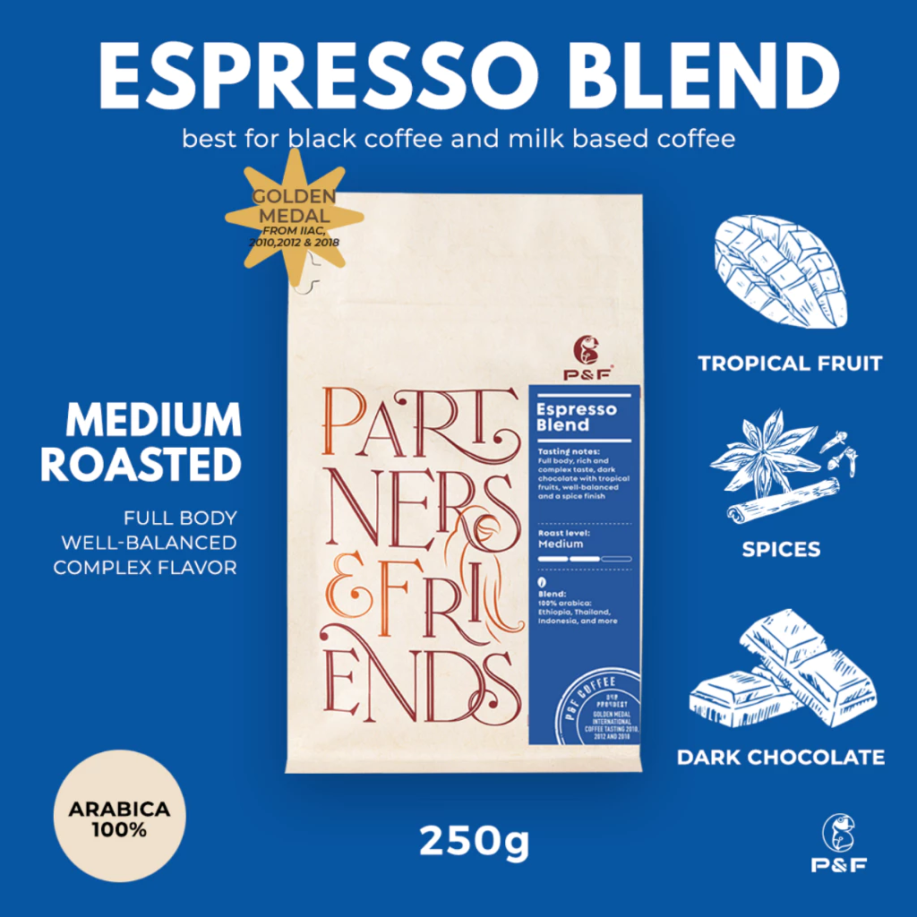 P&F Espresso Blend ขนาด 250g เมล็ดกาแฟคั่ว Arabica 100% (คั่วกลาง) | P&F Coffee พี แอนด์ เอฟ คอฟฟี่