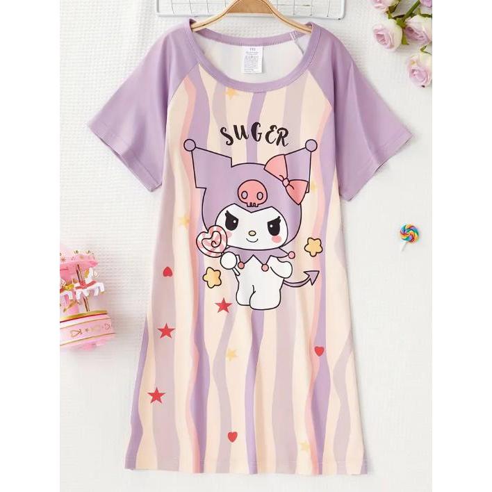 พร้อมส่ง เดรส ชุดนอน ชุดเด็กผู้หญิง แขนสั้น สีม่วง - สีครีม  4 - 8 ขวบ