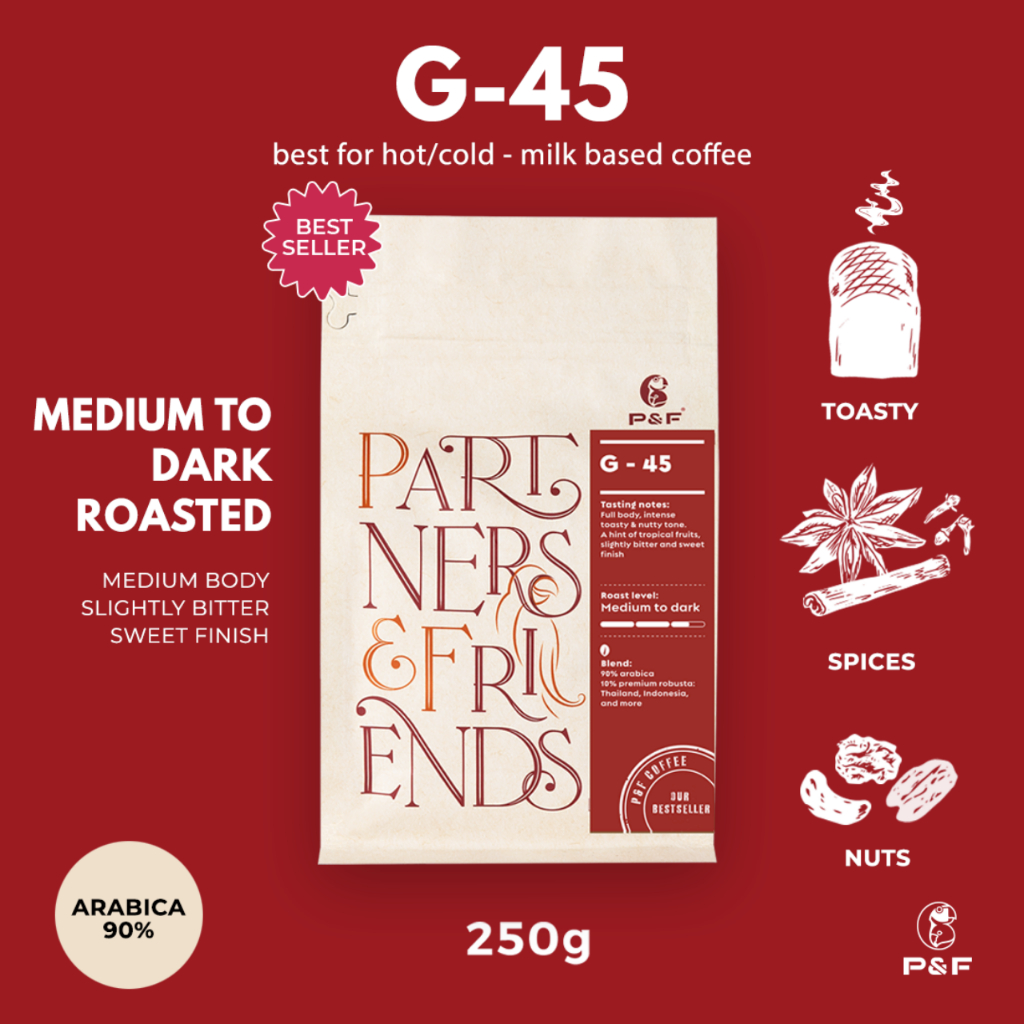 P&F G-45 Blend ขนาด 250g เมล็ดกาแฟคั่ว arabica ผสม robusta (คั่วกลาง-เข้ม) | P&F Coffee พีแอนด์เอฟ