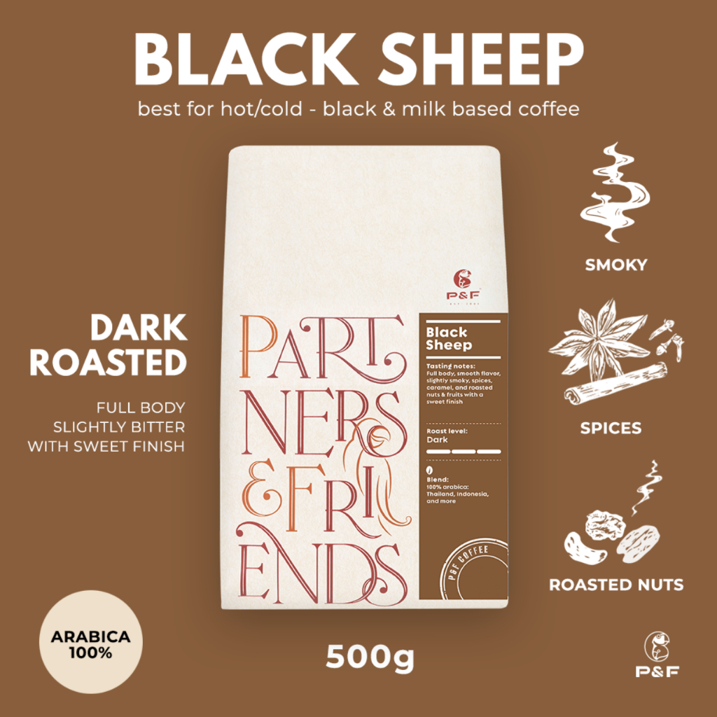 P&F Black Sheep ขนาด 500g เมล็ดกาแฟคั่ว Arabica 100% (คั่วเข้ม) | P&F Coffee พี แอนด์ เอฟ คอฟฟี่
