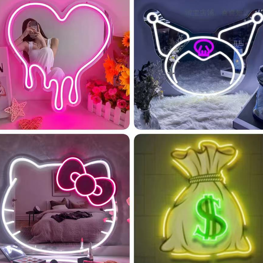 ใหม่ Sanrio Hello Kitty กระจก Led ไฟนีออนกระจกหัวใจ Led ป้ายนีออน Kuromi ที่ปรับแต่งได้กระจก