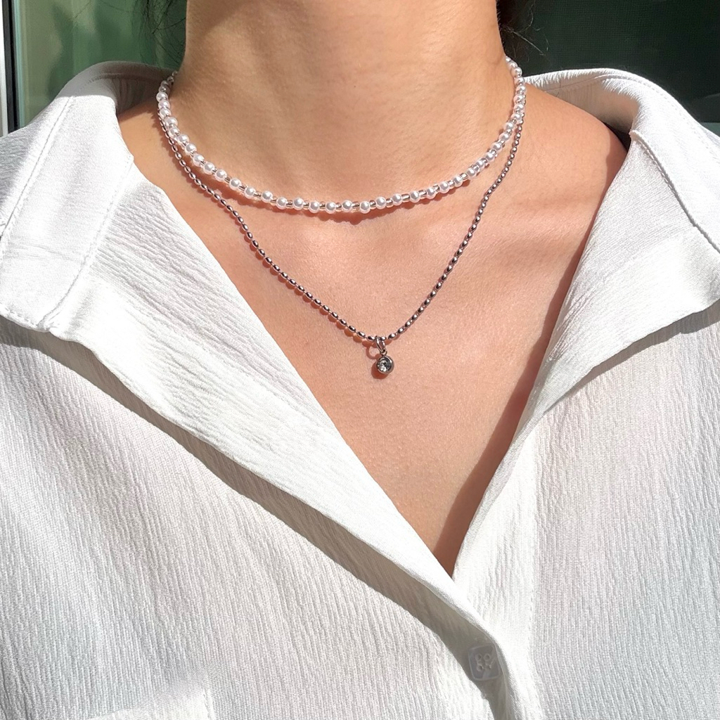 Piing me Stainless steel Necklace | สร้อยคอลูกปัดและสร้อยคอสแตนเลสพร้อมจี้เพทาย (พร้อมส่ง)