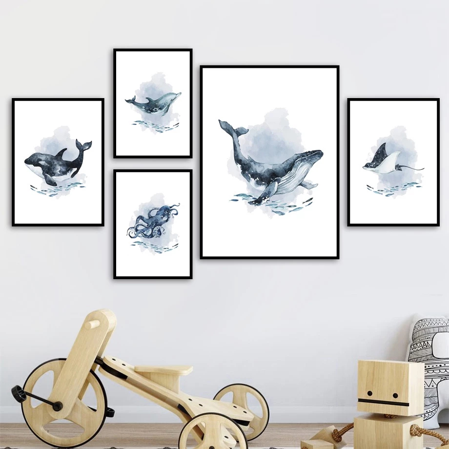 (พร้อมส่งจากไทย) ภาพวาดผ้าใบ รูปปลาวาฬ ปลาโลมา ปลาหมึก สีฟ้า สําหรับตกแต่งผนัง ห้องนั่งเล่น