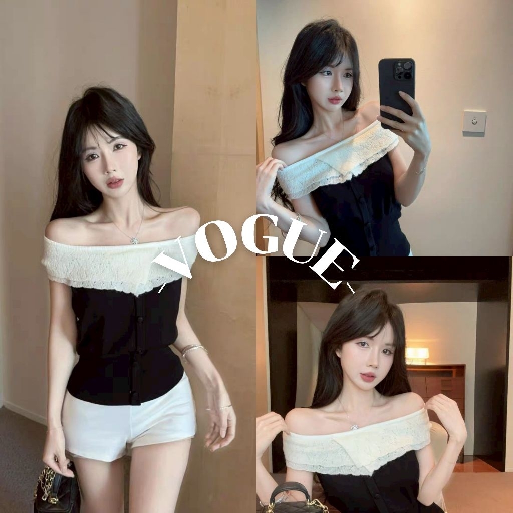 Vogue🌟พร้อมส่ง🌟 เสื้อแขนสั้น เปิดไหล่ ผ้าไหมพรมสีพื้นสีดำ (Z-B77)