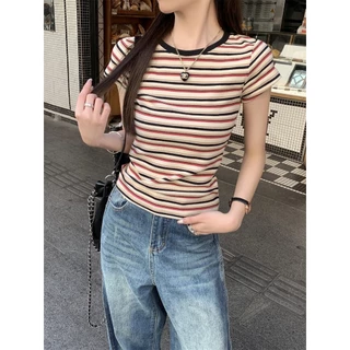เสื้อยืดเเขนสั้น เสื้อคอกลมเเขนสั้น ลายสลับสีสวย ลายทางสีสวย เรียบง่าย เข้ากับทุกสไตส์ #020322