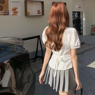 เสื้อเชิ้ตแขนสั้นแขนพองสีขาว เสื้อผ้าผู้หญิง เข้ารูป ใส่สบาย สไตล์เกาหลี พร้อมส่ง