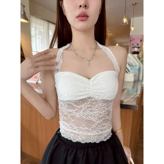 Vogue🌟พร้อมส่ง🌟 เสื้อคล้องคอ มีฟองน้ำ ดีเทลลูกไม้ สีพื้น (FY2255)