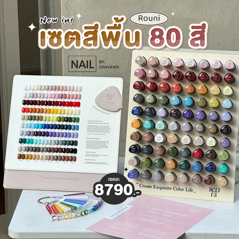 เซตสีเจลพื้น Rouni Nail 80 สี พร้อมชาร์ทโชว์และชั้นวาง