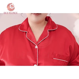 deeteenee ชุดนอนสีพื้น ชุดนอนผู้หญิง Plus Size ชุดนอนคู่ ชุดนอนบิ๊กไซส์ แขนยาว+ขายาว ผ้าซาติน ผ้าเย็นใส่สบาย