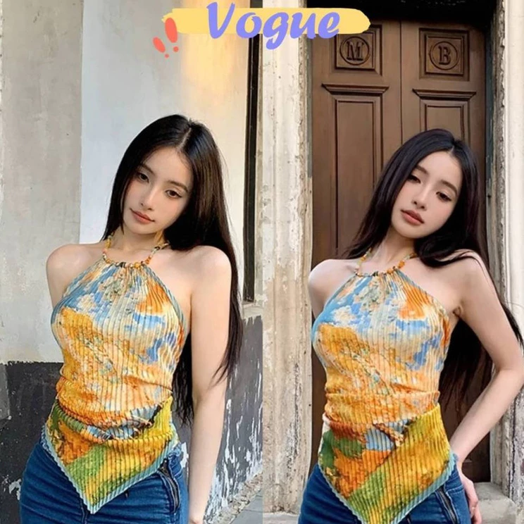 Vogue🌟พร้อมส่ง🌟 เสื้อคล้องไหมพรม ผูกมัดหลัง ดีเทลสายใส่ลูกปัด ลายสดใส (M1152)