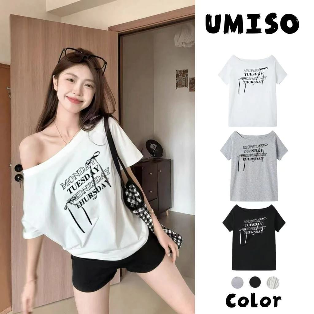 UMISO เสื้อปาดไหล่ เสื้อยืดผู้หญิง ทรงหลวม เข้ากับทุกสไตล์ได้ โบว์ พิมพ์ลาย มีสีให้เลือกมากมาย