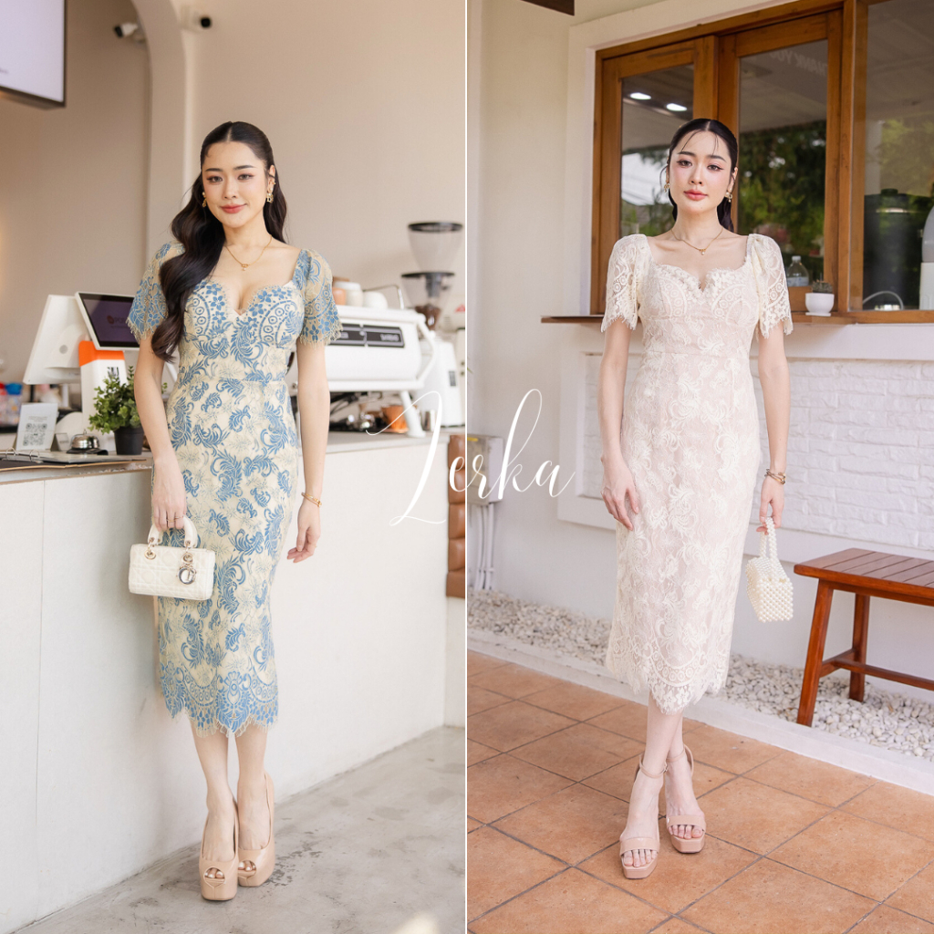 เดรสลูกไม้สีฟ้าสุดหรู ดีไซน์สวย แพทเทิร์นเป๊ะเข้ารูปพอดีตัวใส่แล้วหุ่นดีมากจ้า นิ่มใส่สบายไม่คัน #code11137