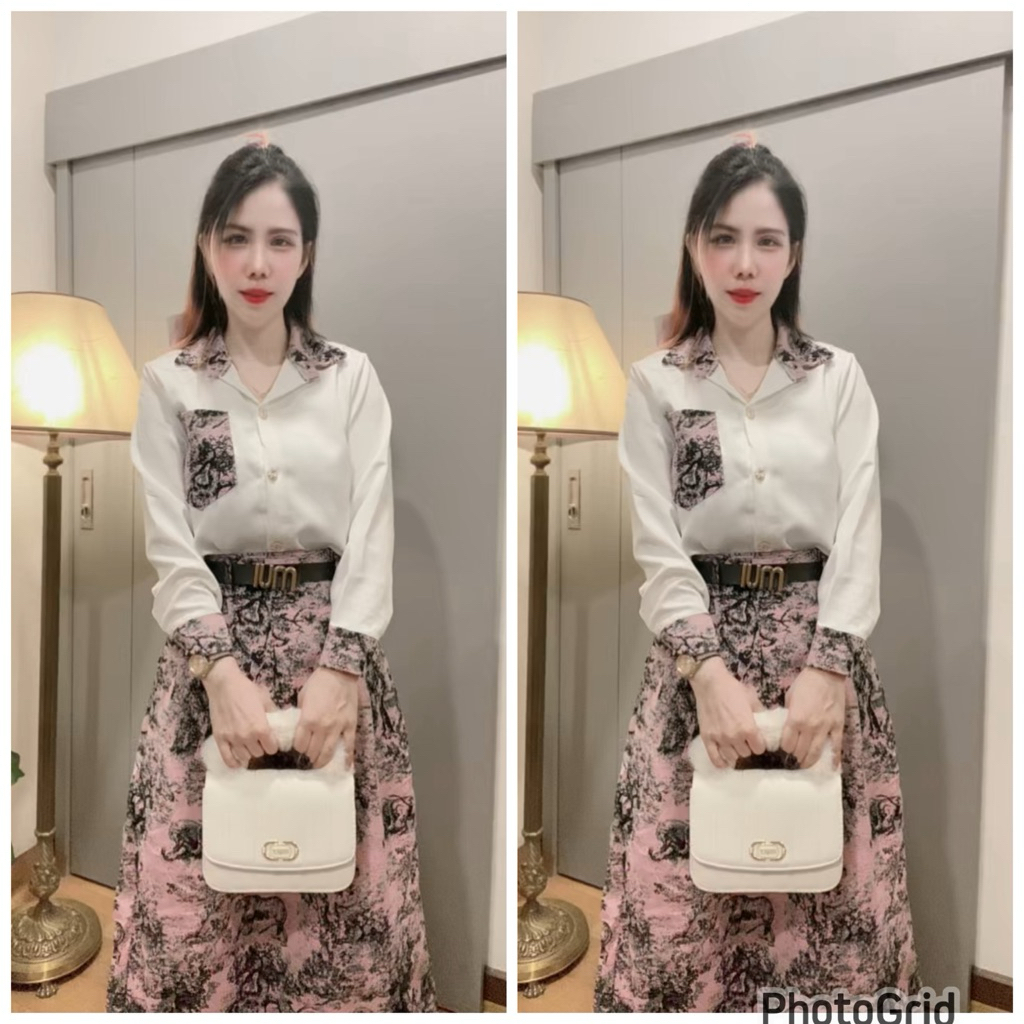 BS4194  เซต 2 ชิ้น เสื้อเชิ้ตแขนยาวผ้าบาร์บี้ กางเกง กระโปรงยาว ผ้าทอเนื้อหนา