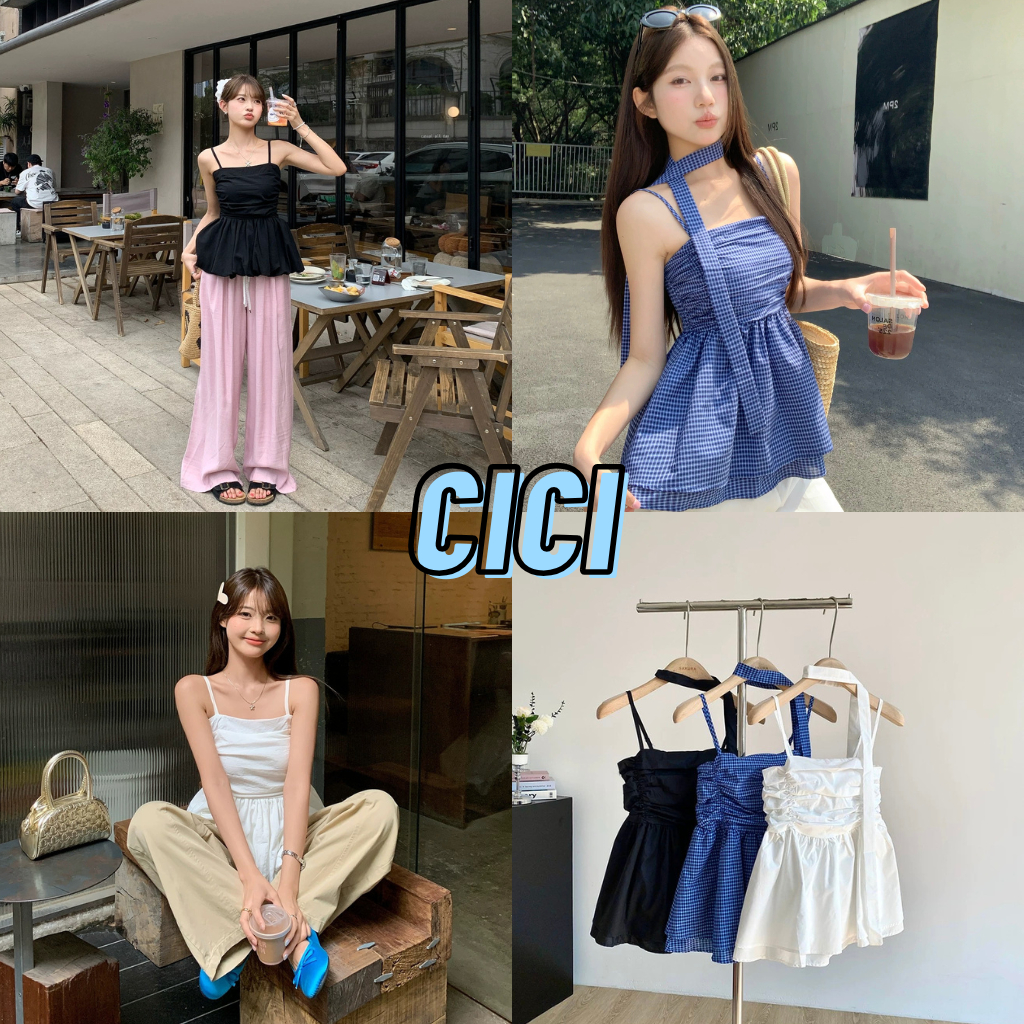 ส่งทันที Cici(NO. Y6312) เสื้อสายเดี่ยว สายปรับได้ สม็อคหลัง แต่งย่นข้าง แต่งระบายด้านล่าง สไตล์สาวตัวเล็กคาวาอี้