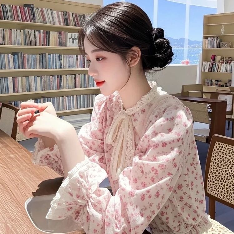 [Sheing office]🌟พร้อมส่ง🌟เสื้อแขนยาวผู้หญิง สีชมพู ลายดอกไม้ ผ้าชีฟอง