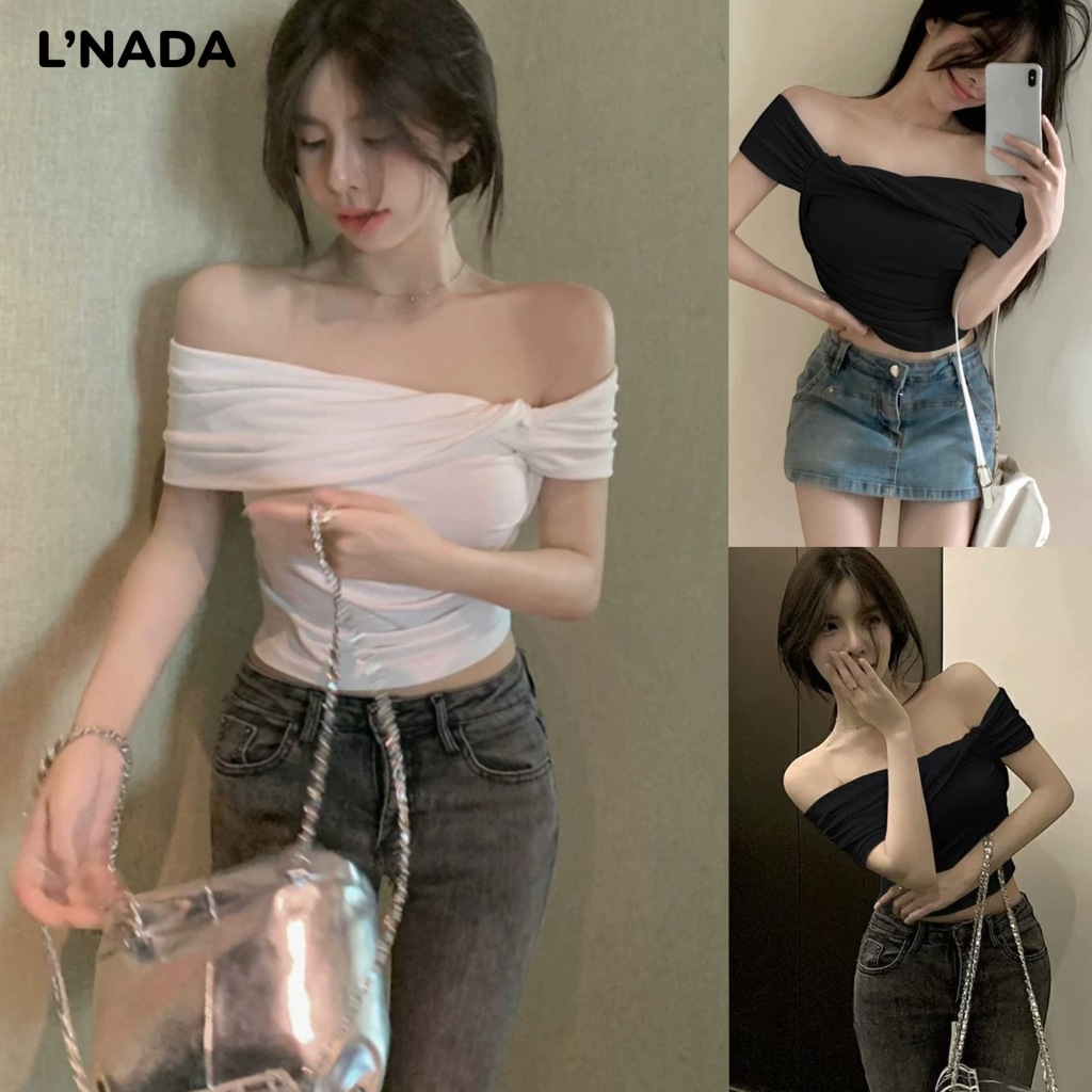 L’NADA เสื้อครอปปาดไหล่ มีสองสี เนื้อผ้ายืด สินค้าพร้อมส่ง แฟชั่น2025(2333)