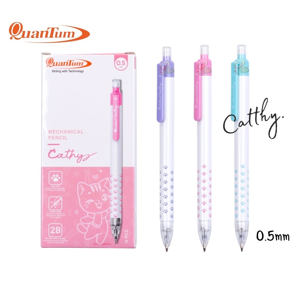 Quantum ดินสอกด แคตตี้ Mechanical Pencil Cathy ขนาด 0.5 มม. มียางลบตรงปลายด้าม หัวดินสอเก็บได้ (ราคาต่อ 1 แท่ง)