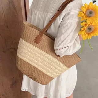 Cicishop(A137) กระเป๋าสานทอ ใบใหญ่ สะพานข้าง ใส่ของได้เยอะ พกพาง่ายใส่ไปทะเลหรือไปเที่ยววันหยุด