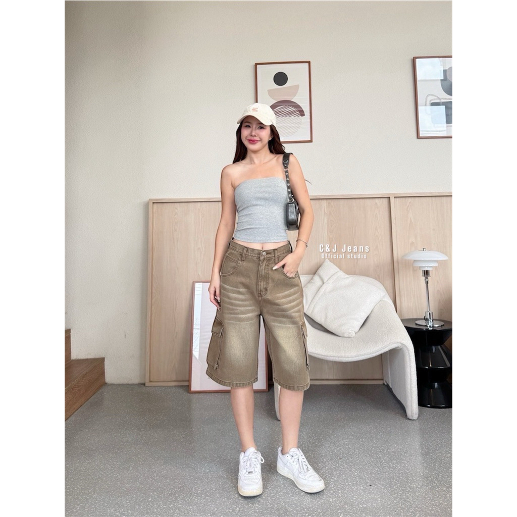 กางเกงยีนส์ทรง 5 ส่วน กระเป๋าคาร์โก้ ผ้าไม่ยืด ทรงสวย - รูปที่ 4