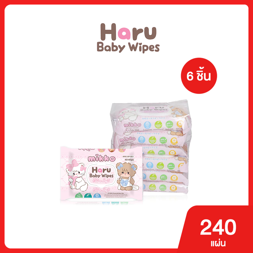 (1 แพ็ค/6 ห่อ) Haru x Mikko Illustrations -ทิชชู่เปียกสารสกัดจากคาโมมายล์ สูตรอ่อนโยนสำหรับเด็ก 40 แผ่น
