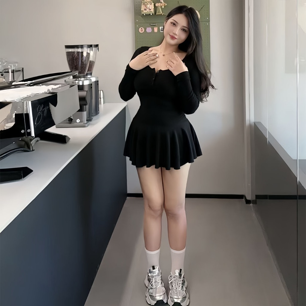 สีดำเดรสแขนยาวกระดุมคอเหลี่ยม 200 catties อ้วน mm กระโปรง A-line ทรงสลิมฟิตขนาดใหญ่เสื้อสาวอวบ - รูปที่ 3