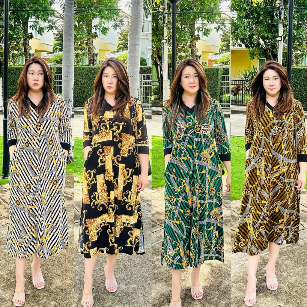 เดรสสาวอวบ เดรสคนอ้วน เดรสคอวีแขนยาว อก 38-50 ผ้าเด้งไอทีวาย มีกระเป๋า 2 ข้าง dress plussize bigsize