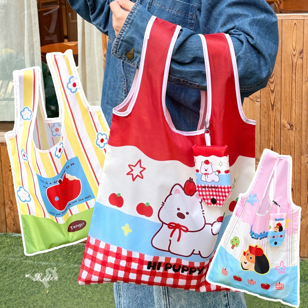 RibbonIsland🍎กระเป๋าช้อปปิ้ง กระเป๋าถือ พับได้ ลายการ์ตูน น่ารัก สีสันสดใส หลากสี หวาน dopamine ซื้อใหญ่รับเล็กฟรี