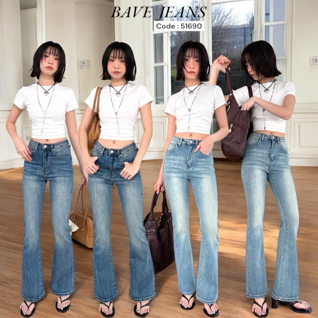 Bave Jeans กางเกงยีนส์ขาม้า ผ้ายืดแน่นทรงสวย ใส่สบาย งานฟอก Code 51690