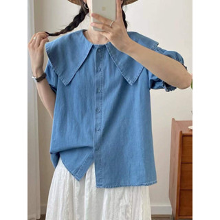 เสื้อยีนส์ ปกใหญ่ แขนพองตุ๊กตา 44“ ผ้ายีนส์เนื้อนิ่ม เสื้อลำ…