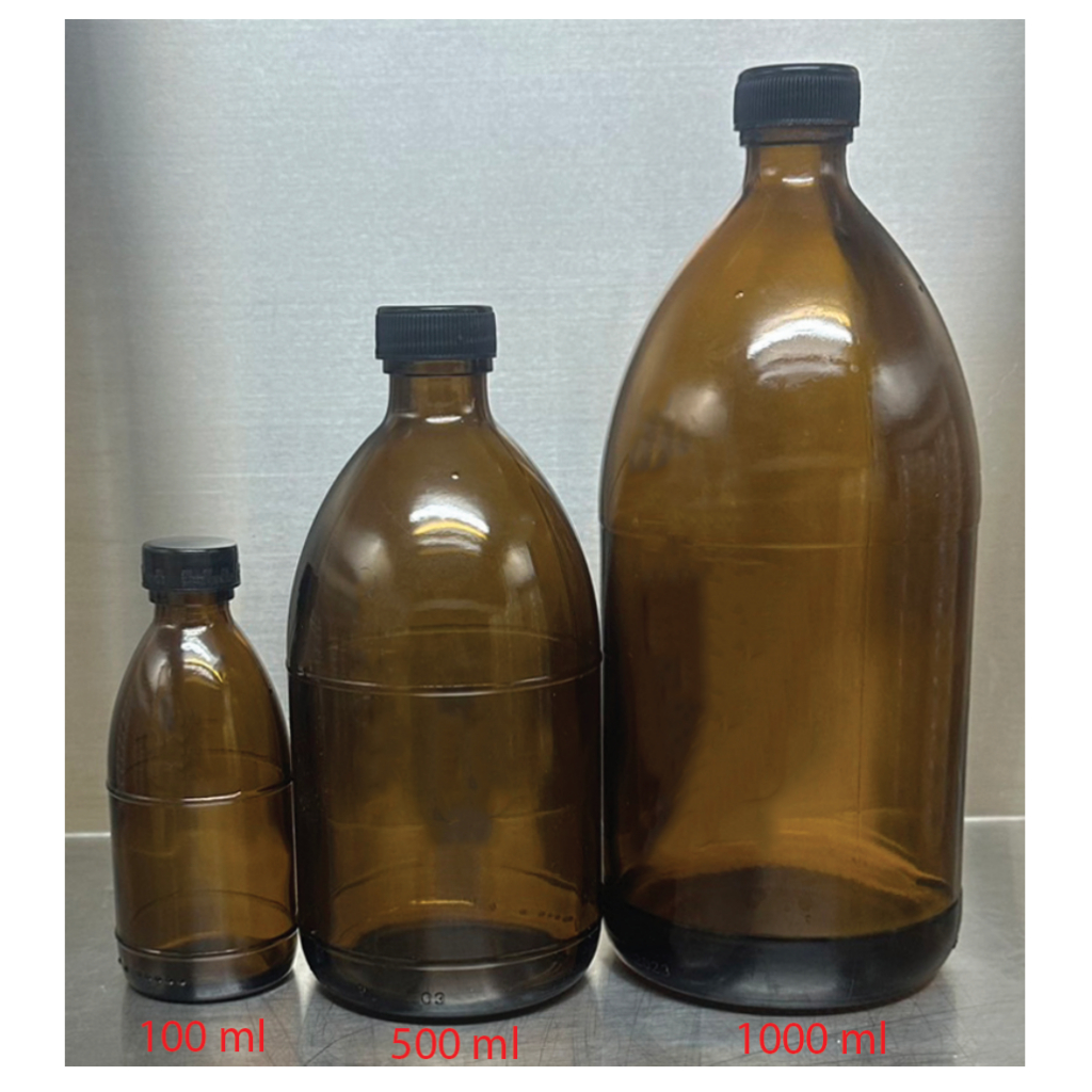 ขวดแก้วใส่สารเคมีสีชาพร้อมจุกในและพลาสติกสีดำ มี 3 ขนาด 100 ml 500 ml 1000 ml มาตรฐานส่งออก Amber bottle