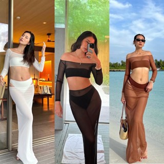 JENA C2 SET ชุดเซ็ท 3 ชิ้น เสื้อซีทรูแขนยาว กระโปรงยาวซีทรู …