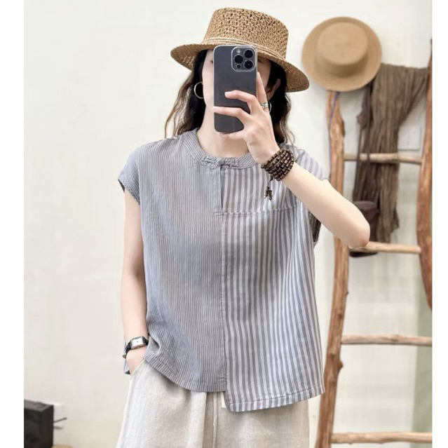 เสื้อคอจีน แขนกุด แขนล้ำ 46-48“ ต่อผ้า ลายทาง-ลายริ้ว ผ้าสาลู 2 ชั้น [เขียว,เทา] เสื้อลำลองสไตล์จีน HerbieStyle