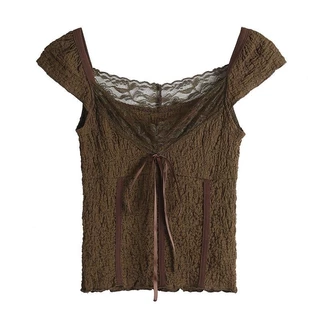 เสื้อยืดเซ็กซี่ แขนสั้น คอวีผ้าลูกไม้น่ารักผ้านิ่มใส่สบาย สวยเกร๋#A58