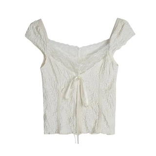 เสื้อยืดเซ็กซี่ แขนสั้น คอวีผ้าลูกไม้น่ารักผ้านิ่มใส่สบาย สวยเกร๋#A58