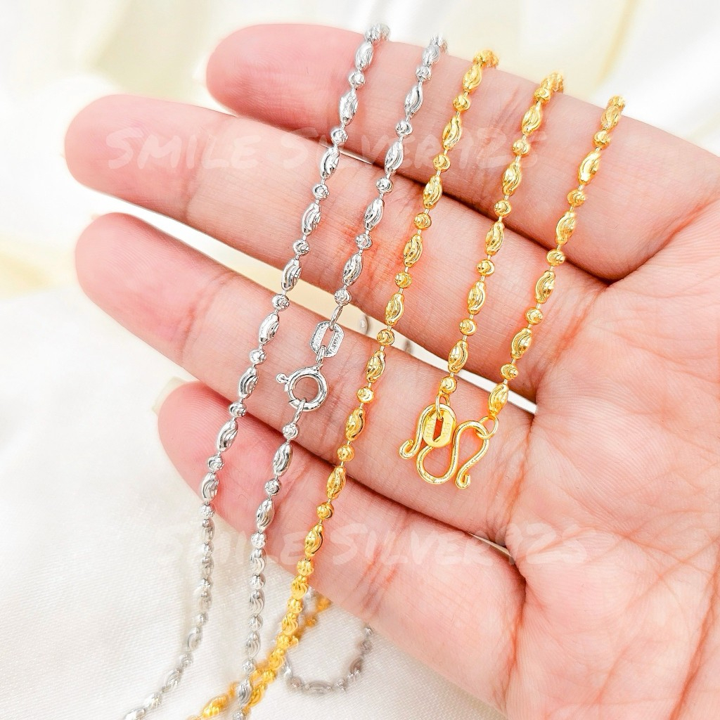 สร้อยคอ  ชุบทอง 18k/ ชุบทองคำขาวลาย  หยาดมูน (เม็ดข้าวตัดลาย/Ball)moon cut  ขนาด 2 mm