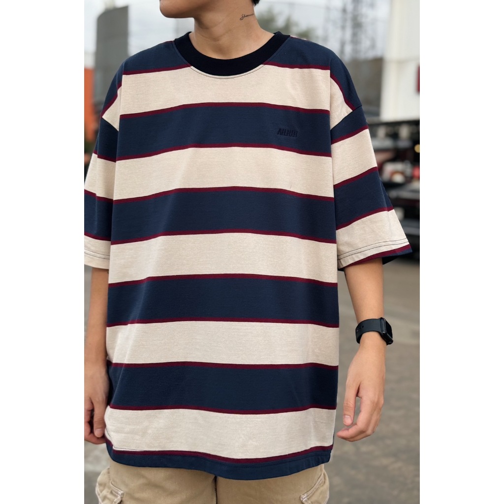 เสื้อยืดลายทาง Oversize ผ้าคอตตอน ใส่สบายไม่ร้อน โลโก้งานปัก