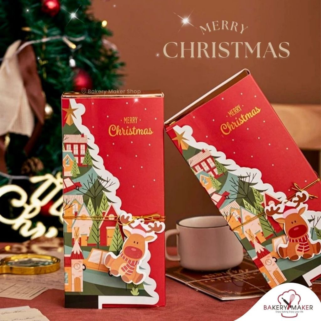 กล่องใส่คุกกี้ คริสต์มาส 5 ใบ / กล่องกระดาษ แดง ทอง Christmas 2024 กล่องคุกกี้ กล่องขนม