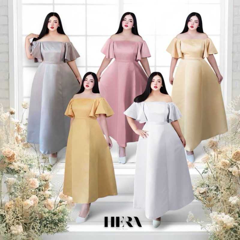 Hera ชุดออกงานราตรียาว สุดหรู แขนระบายดึงขึ้นปิดไหล่ได้ อก40-50นิ้ว