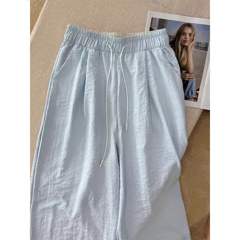 ตื่นตาตื่นใจมาก! นมสีฟ้าน้ำแข็งเย็น Yamamoto กางเกงผู้หญิงฤดูร้อน 2025 Drawstring กางเกงขายาวเอวสูงตรง