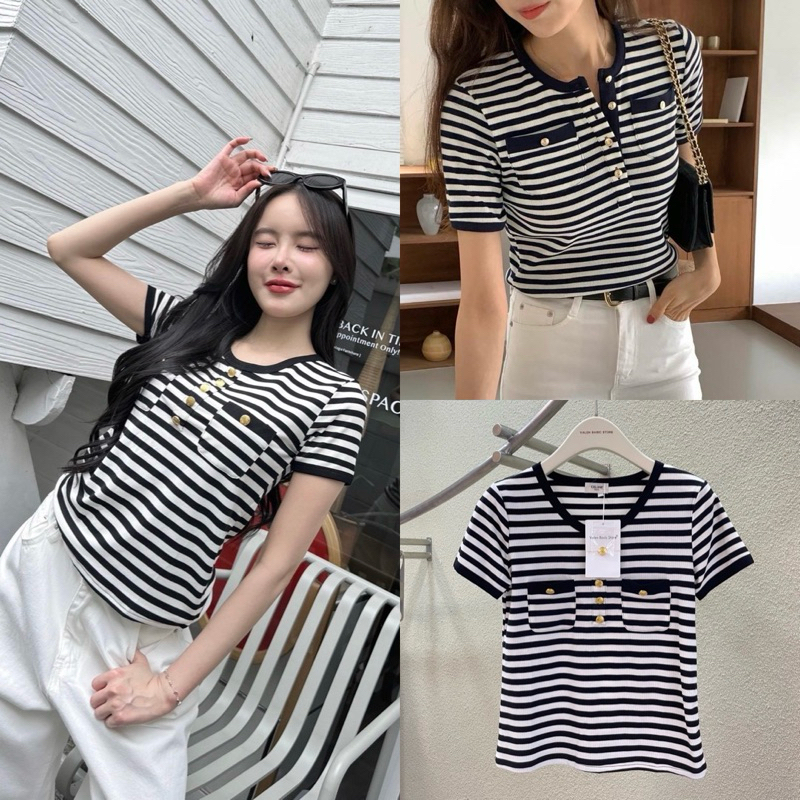 CLN stripe top เสื้อยืดผ้านิตเนื้อร่องอย่างดี รุ่นใหม่ดีเทลลายเส้นตัดขอบสีทูโทน แต่งกระดุมสีทองปั้มลายแบรนด์
