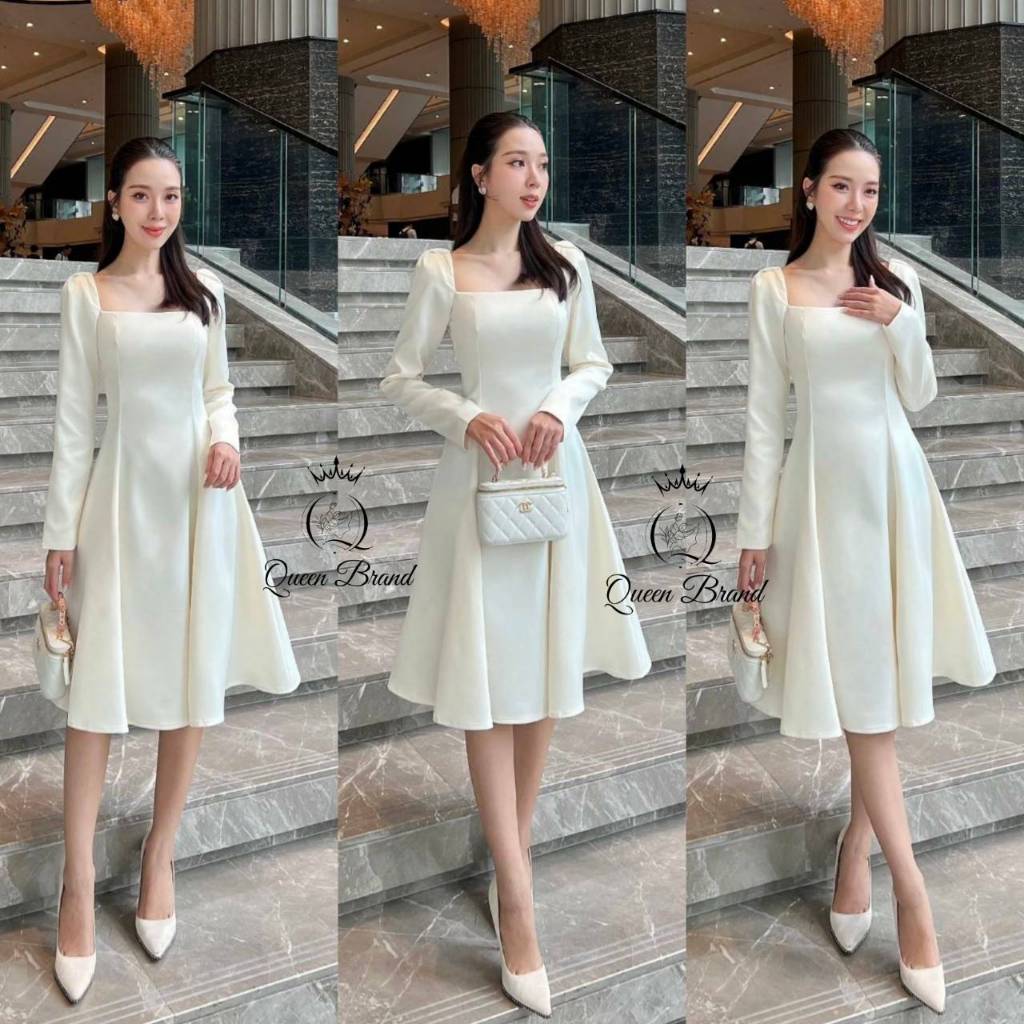 (พร้อมส่ง) Queen10 เดรสแขนยาว คอเหลี่ยม เดรสออกงาน ใส่ดินเนอร์ งานหมั้น งานแต่ง พรีเวดร์ดิ้ง ชุดงานบุญ งานบวช