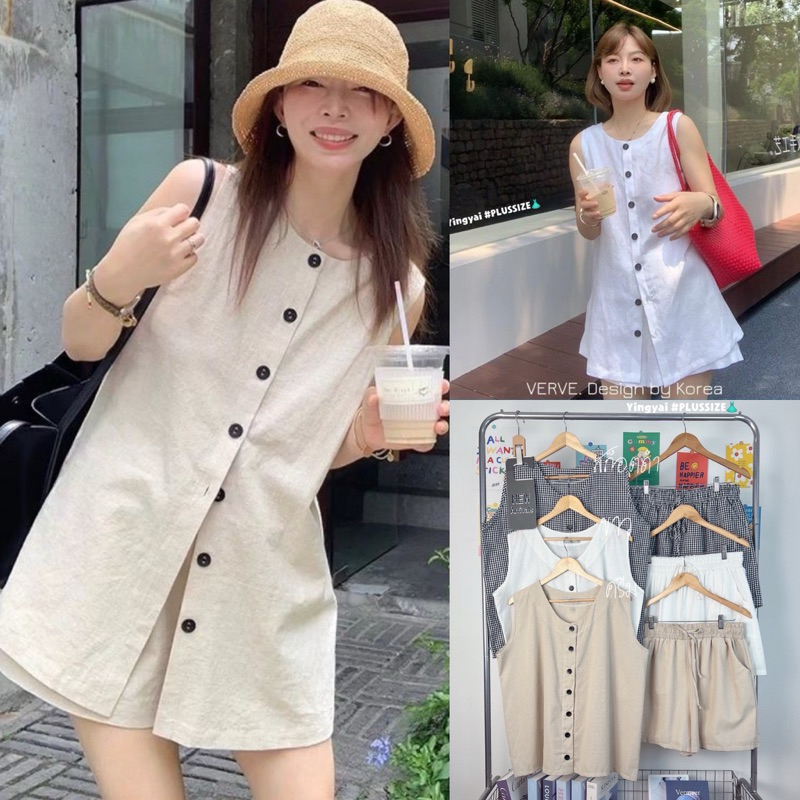Chubby Supi - MINIMAL SET ชุดเซ็ทเสื้อแขนกุด + กางเกงขาสั้น ผ้าลินิน (yy)