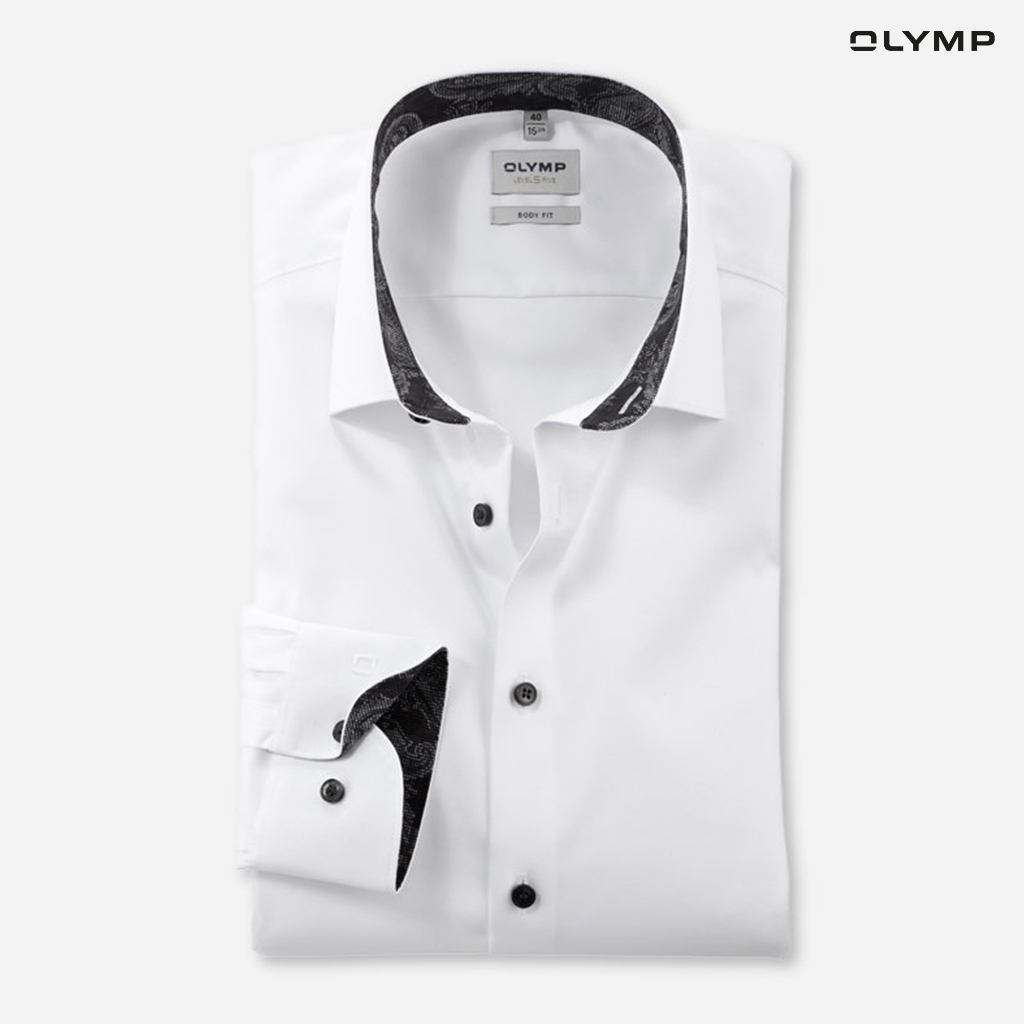 OLYMP Level Five Shirt เสื้อเชิ้ตผู้ชายแขนยาว สีขาว ผ้าเรียบแต่งแขน พอดีตัว ยืดหยุ่น รีดง่าย AUTU24