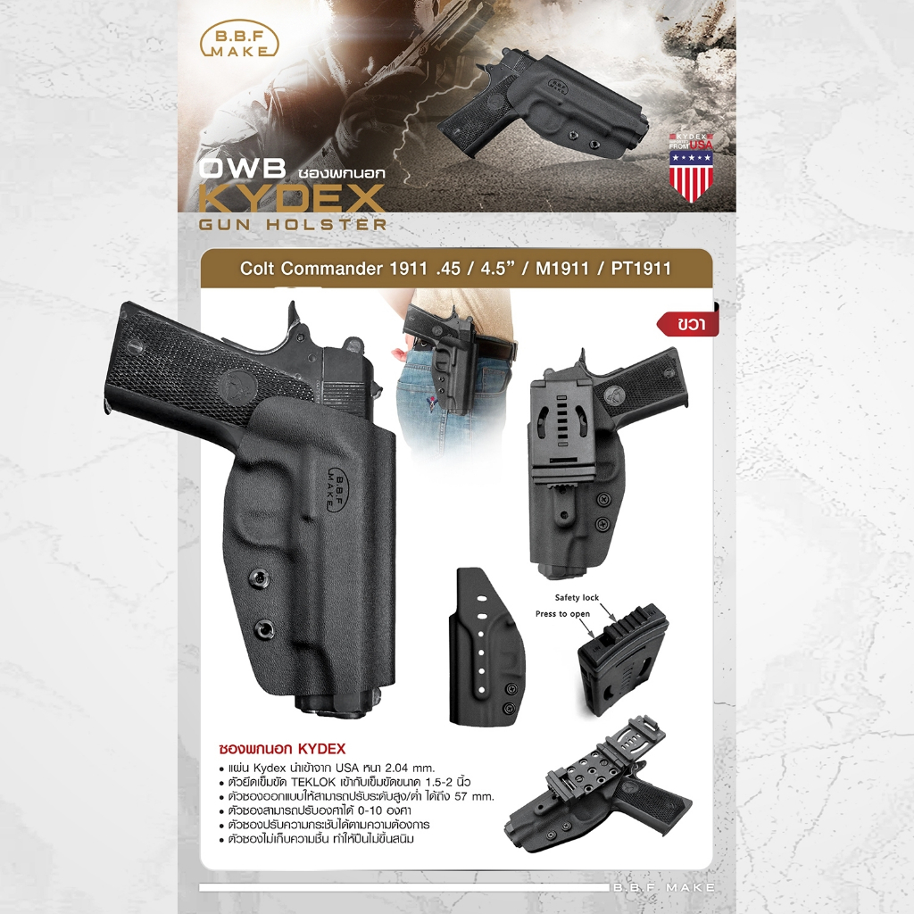 BBF Make holster ซองพกนอก KYDEX _ Colt Commander 1911 .45 (ถนัดขวา)