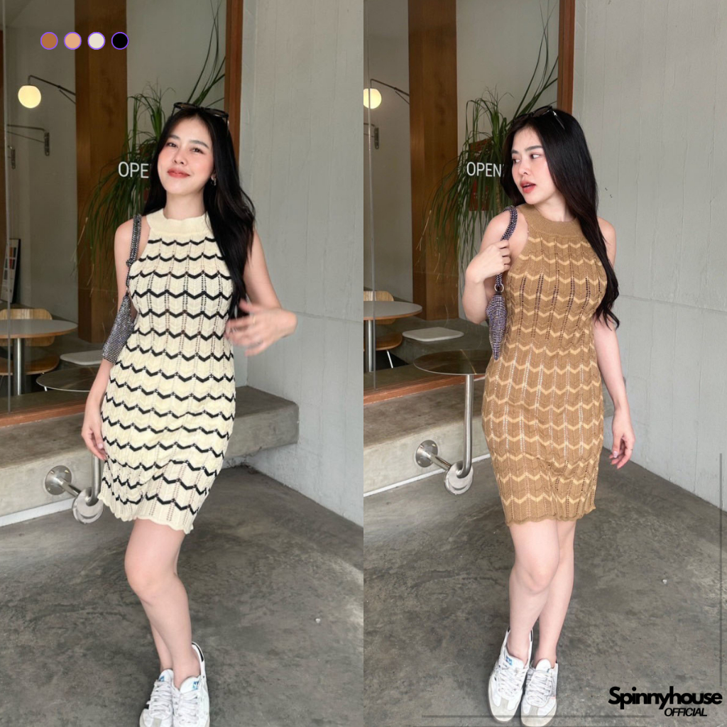 🌈SpinnyHouse🌈มินิเดรส ทรงคอโปโลแขนสั้น ทอลายสลับสี 🌸 ทรงรัดรูป ผ้ายืดตามตัว ผ้าไหมพรมนิ่ม ใส่สบายไม่คัน รุ่น ทำบุญ