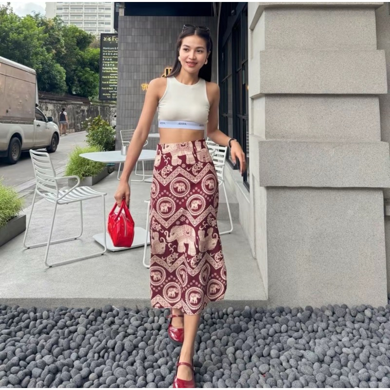 ELEPHANT SKIRT กระโปรงช้างพิมพ์ลายพรีเมียม ผ่าข้าง แต่งงานซิปซ่อนด้านข้าง ผ้าไหมญี่ปุ่น **ผ้าบางพลิ้วทิ้งตัว**