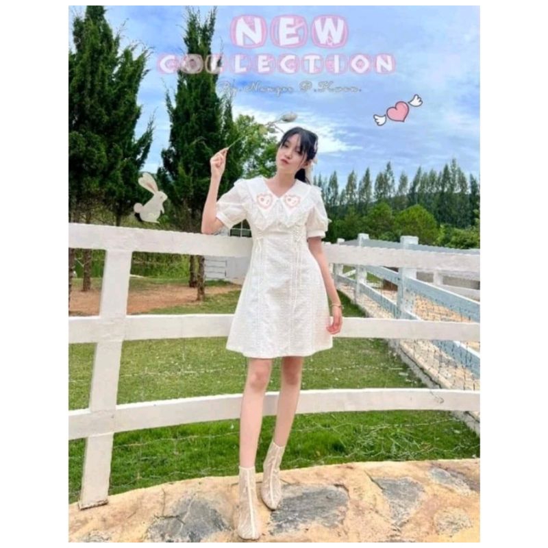 (M) พร้อมส่ง🌷ชุดเดรสลูกไม้ปักฉลุสีขาวแต่งคอปกลูกไม้หัวใจ งานป้าย NT Princess แท้ มือ1 ป้ายห้อย