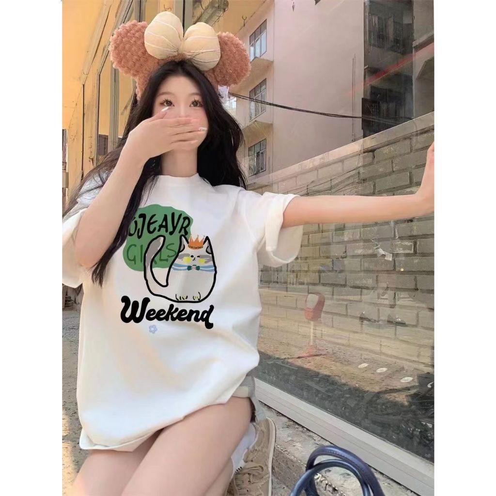 ญี่ปุ่นวิทยาลัยลมน่ารักแมวตัวอักษรพิมพ์เสื้อยืดแขนสั้นผู้หญิงฤดูร้อนรอบคอหลวมด้านบน