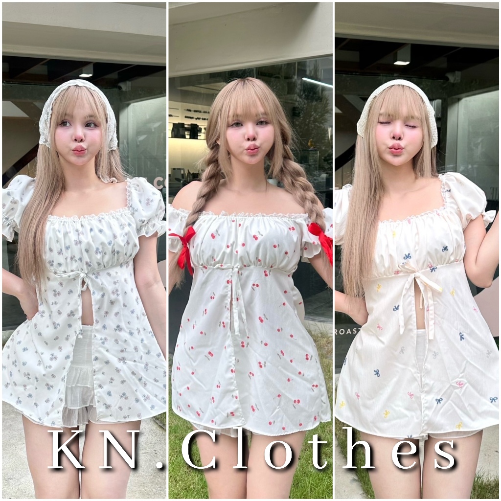 Nusa.Style เสื้อมินิเดรสแขนตุ๊กตา ผ่าหน้า แต่งโบว์ พิมพ์ลายน่ารัก