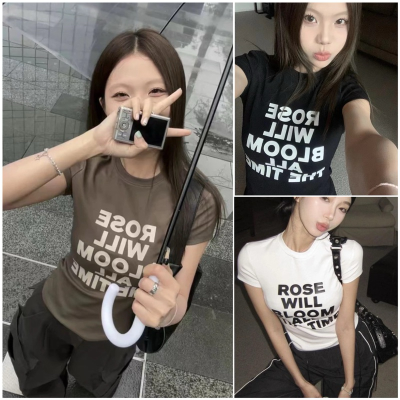 STRพร้อมส่ง เสื้อครอปท็อป เสื้อยืดคอกลม แขนสั้น เสื้อรัดรูป พิมพ์ลายตัวอักษร สไตล์เกาหลี แฟชั่นฮาราจูกุ สไตล์วินเทจ